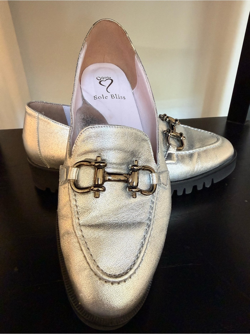 Sole Bliss Women’s Metallic Gold Leather Bit Loafers